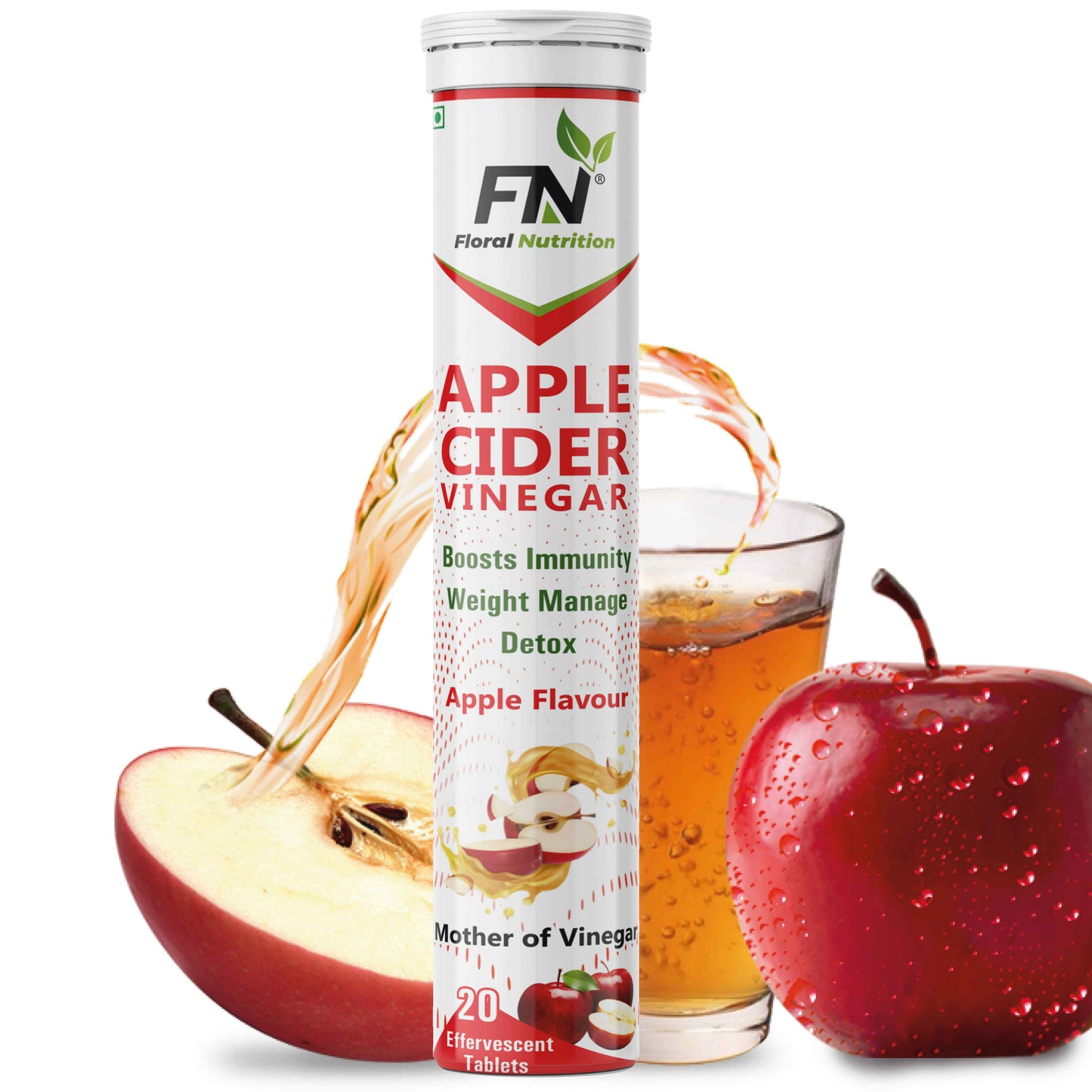 Floral Nutrition Apple Cider Vinegar Effervescent Tablets, Vitamin C, Pomegranate, Antioxidant  (20 Tablets)