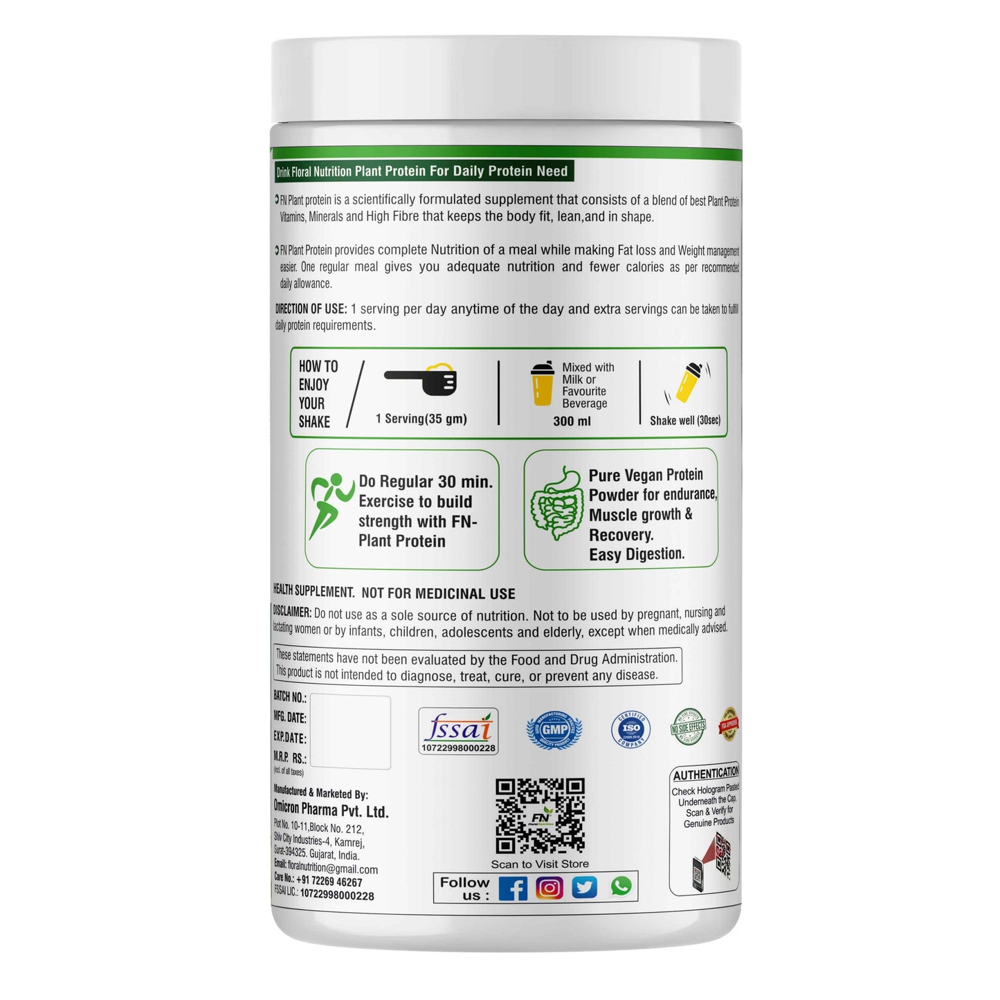 Floral Nutrition 100% Plant Protein Powder with Aminoacids, Vitamins and Minerals Plant-Based Protein (1 Kg))