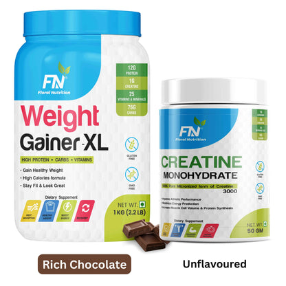 Floral Nutrition Weight Gainer with Creatine 50gm Gainer Combo for Fast Muscle Gain & Recovery Weight Gainers/Mass Gainers  (1.05 kg, Rich Chocolate, Unflavoured)