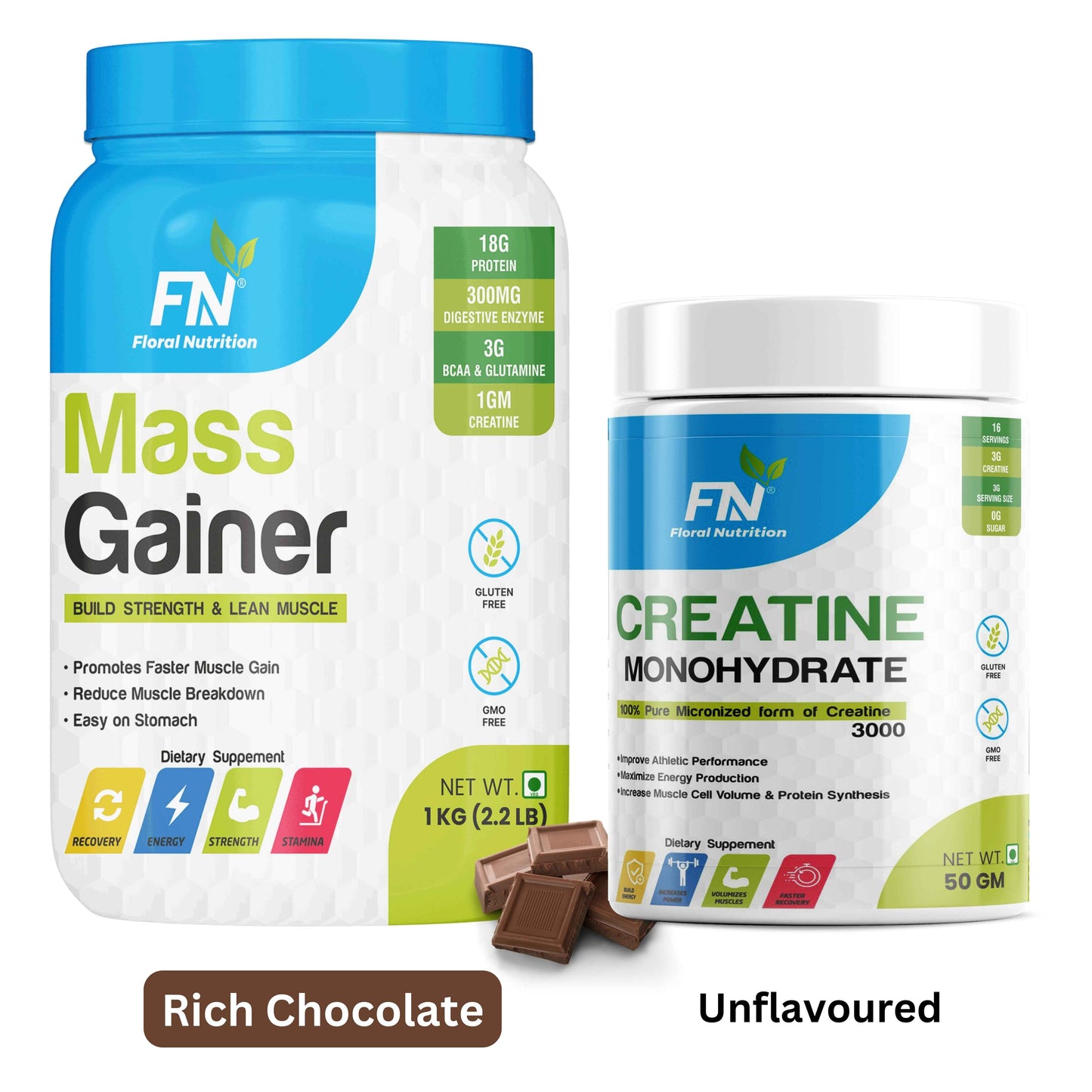 Floral Nutrition Mass Gainer with Creatine 50gm Muscle Gainer Combo for Gain & Fast Recovery Weight Gainers/Mass Gainers  (1.05 kg, Rich Chocolate, Unflavoured)