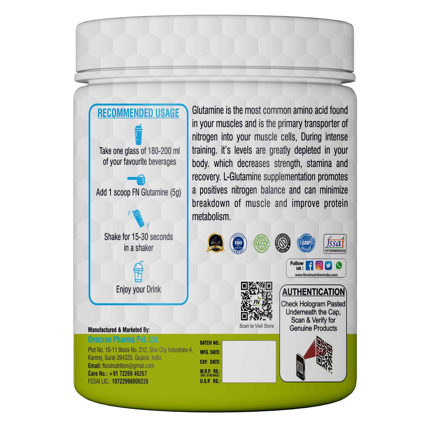 Floral Nutrition Advanced 100% L-Glutamine Powder for Muscle Recovery & Growth (250 gm)