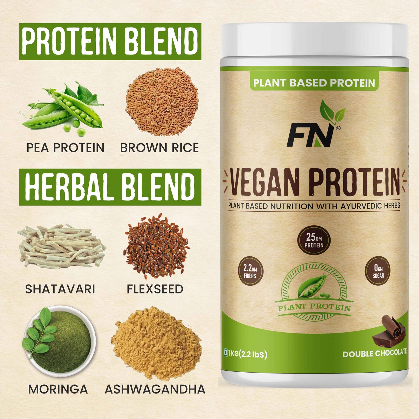 Floral Nutrition 100% Vegan Protein Powder with and Ayurvedic Herbs Ashwagandha, Ginseng Plant-Based Protein  (1 Kg, Double Chocolate)