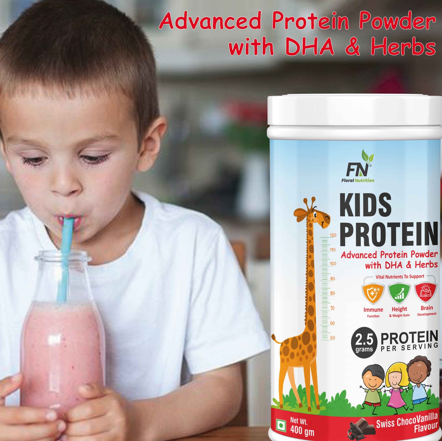 Floral Nutrition Kids Protein Powder with DHA,Vitamin-D for Growth,Immunity, Active and Strong Kid Protein Shake  (400 g, Chocovanilla)