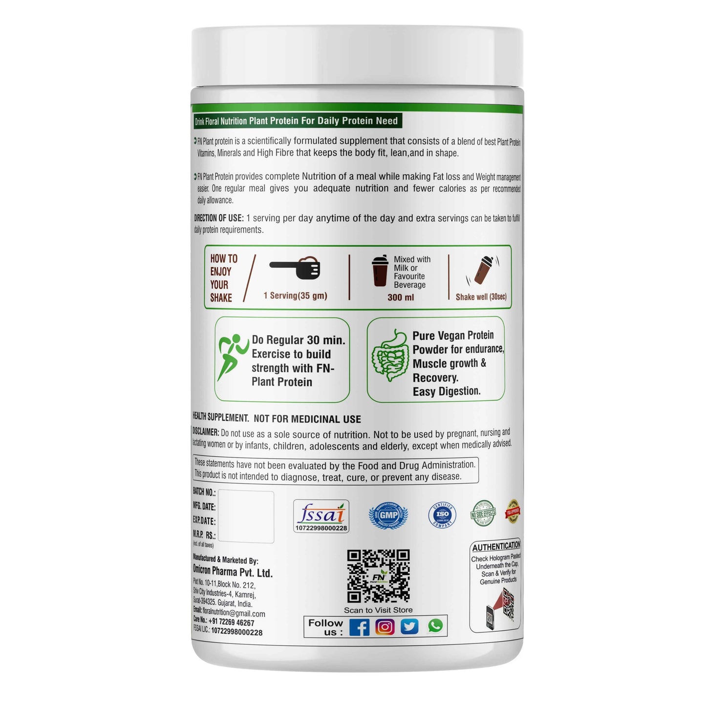 Floral Nutrition 100% Plant Protein Powder with Aminoacids, Vitamins and Minerals Plant-Based Protein  (1 Kg)