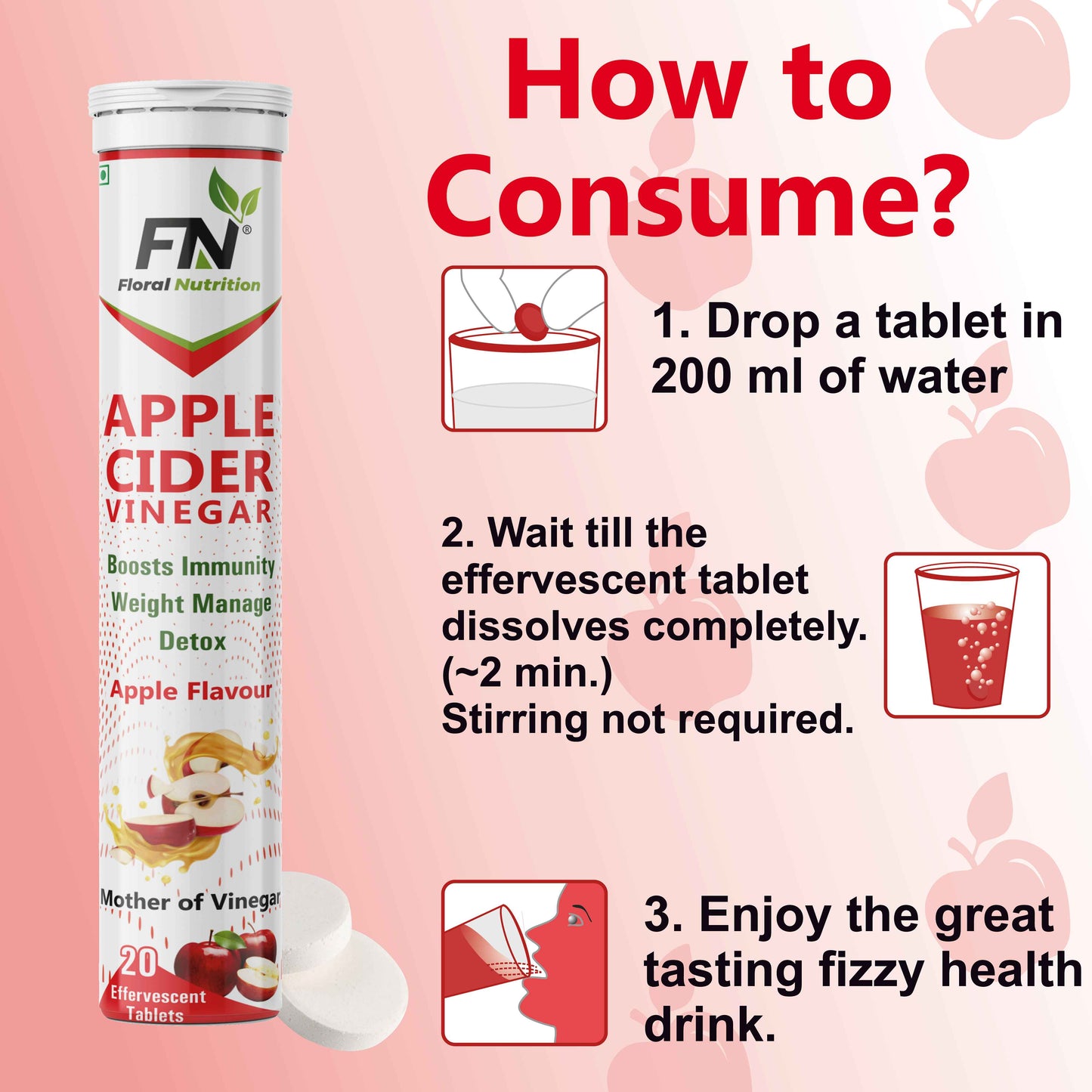 Floral Nutrition Apple Cider Vinegar Effervescent Tablets, Vitamin C, Pomegranate, Antioxidant  (40 Tablets)