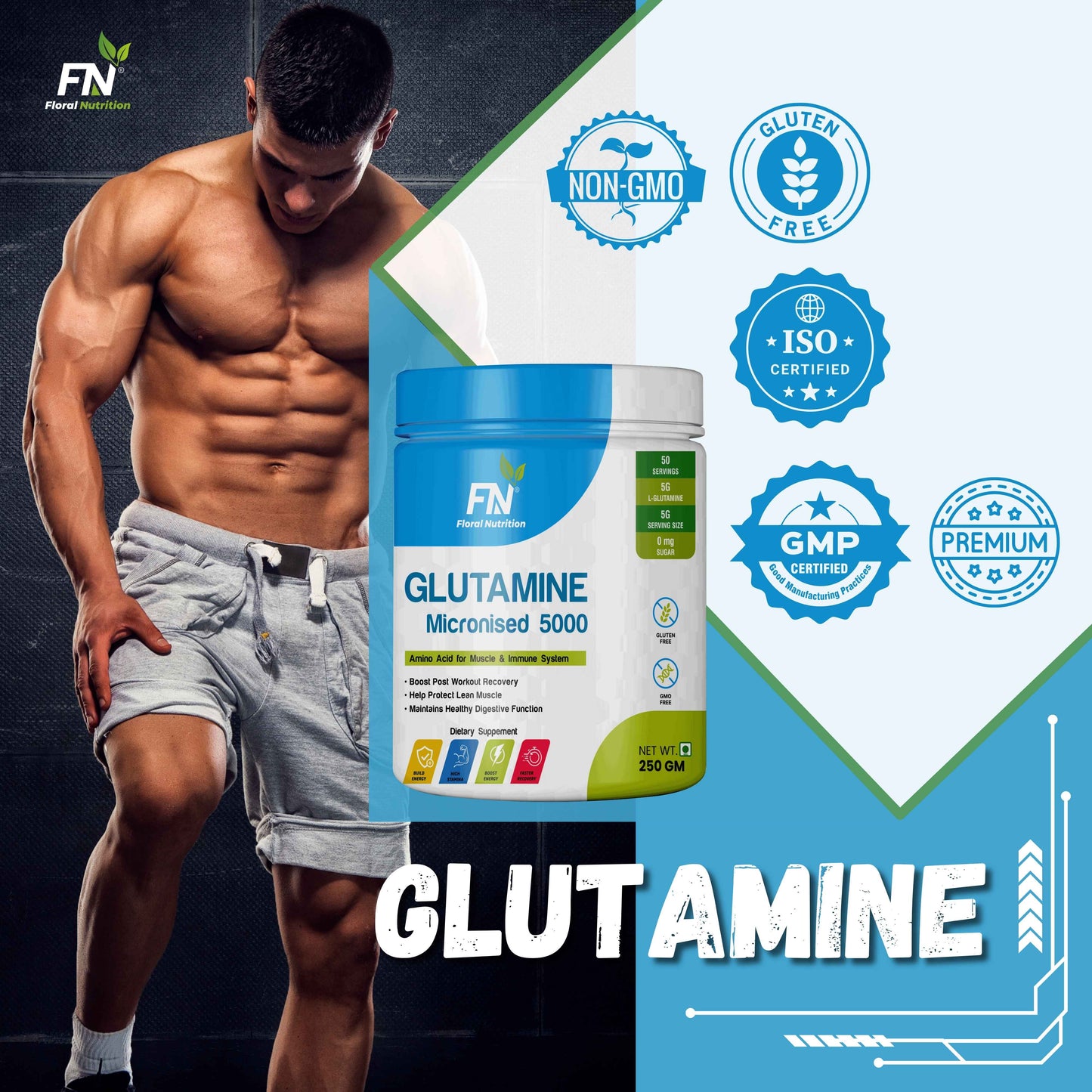 Floral Nutrition Advanced 100% L-Glutamine Powder for Muscle Recovery & Growth (250 gm)